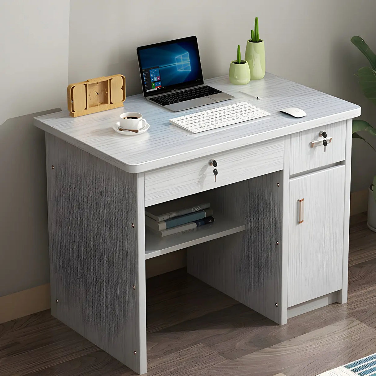 Wood Writing Desk with Locking Drawer and Cabinet Image - 17