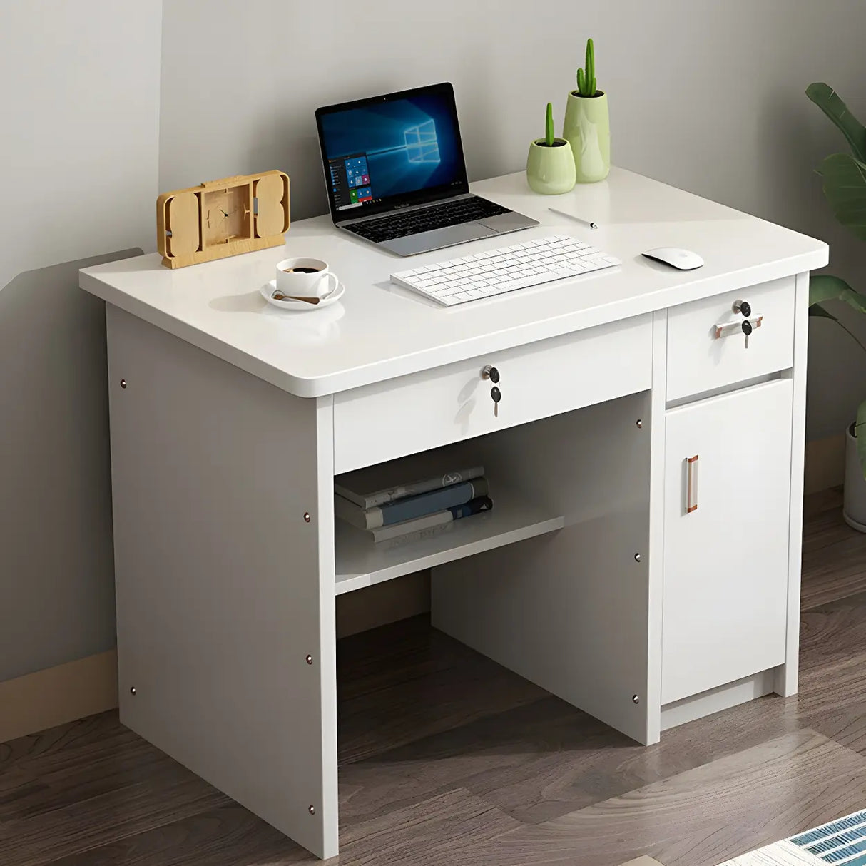 Wood Writing Desk with Locking Drawer and Cabinet Image - 19