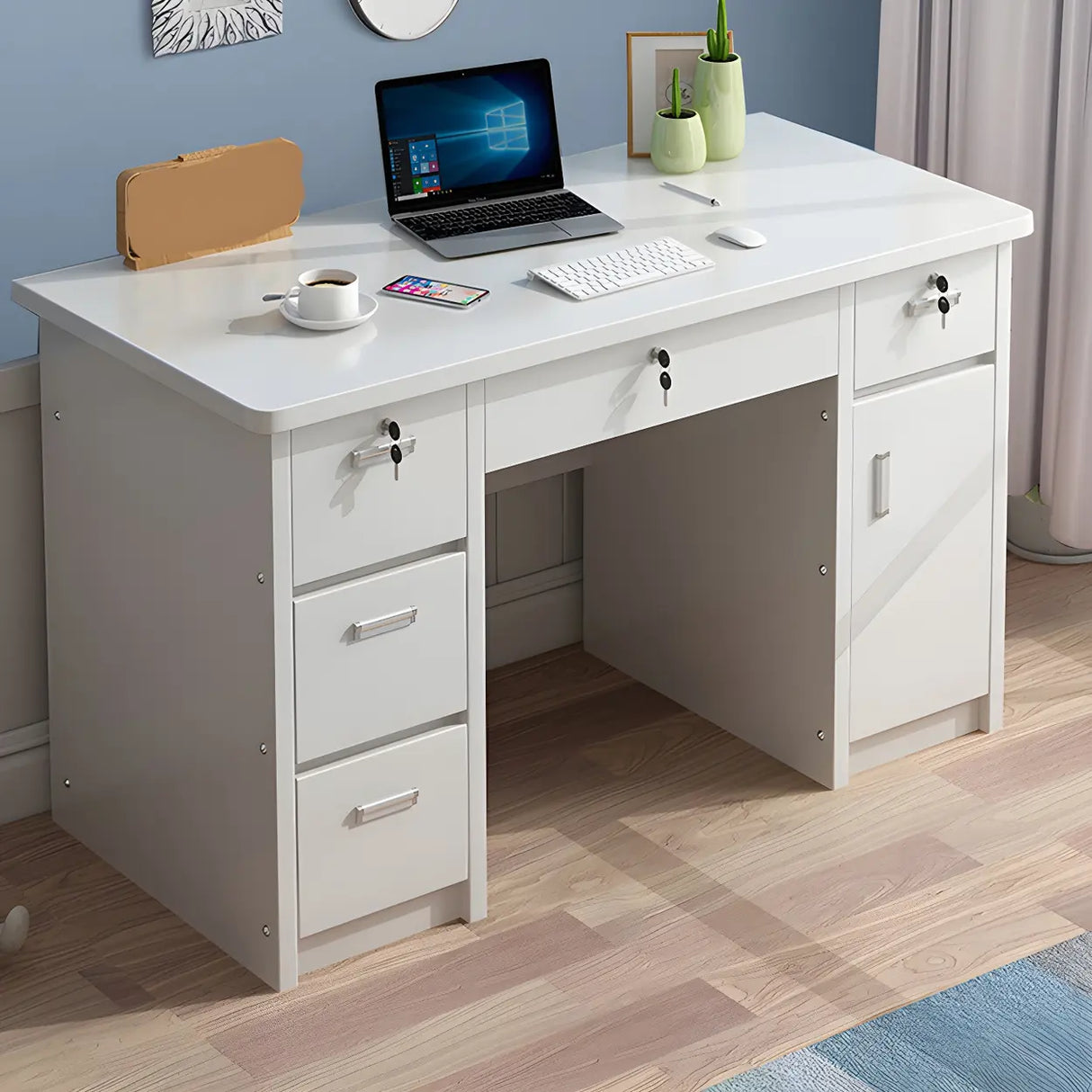 Wood Writing Desk with Locking Drawer and Cabinet Image - 1
