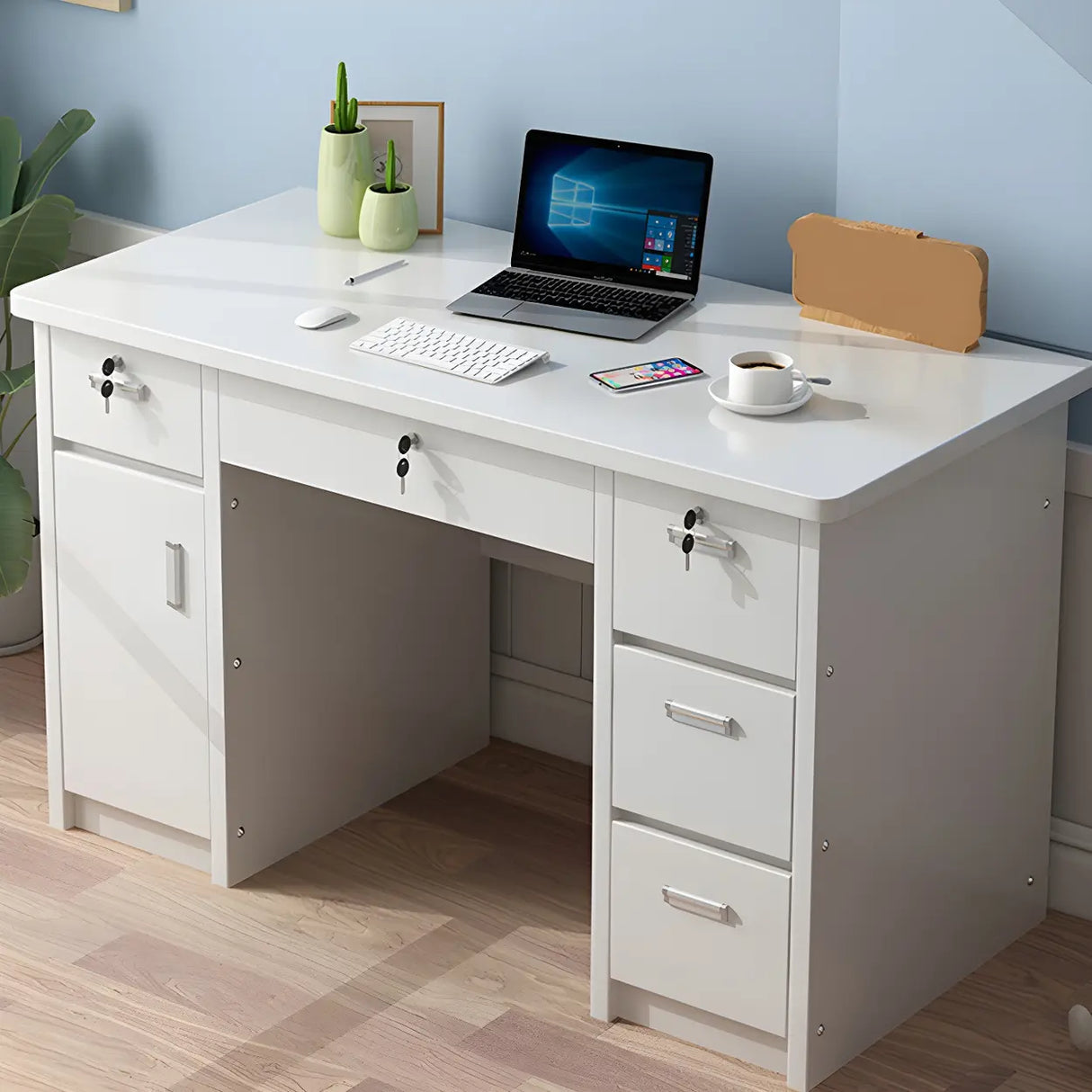 Wood Writing Desk with Locking Drawer and Cabinet Image - 20