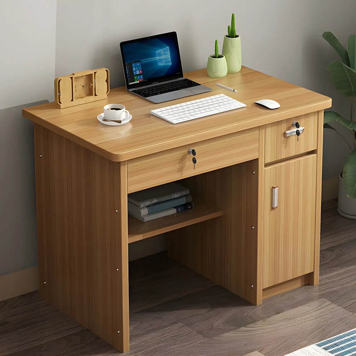 Wood Writing Desk with Locking Drawer and Cabinet Image - 21