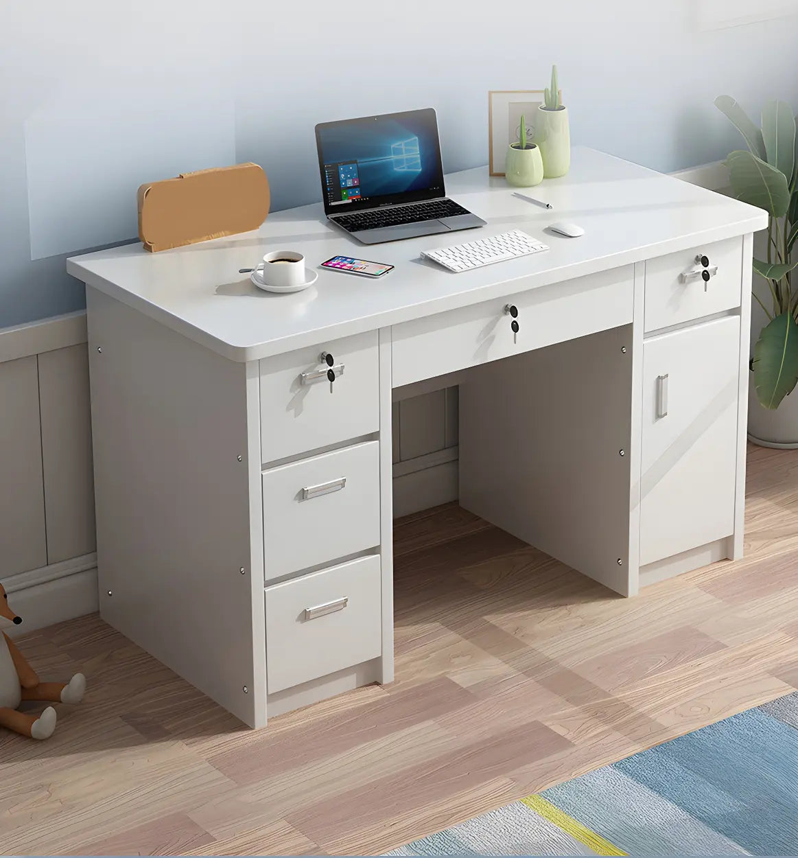 Wood Writing Desk with Locking Drawer and Cabinet Image - 22