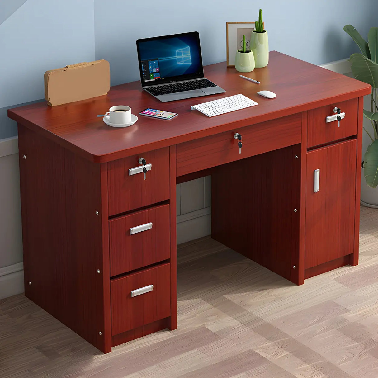 Wood Writing Desk with Locking Drawer and Cabinet Image - 23