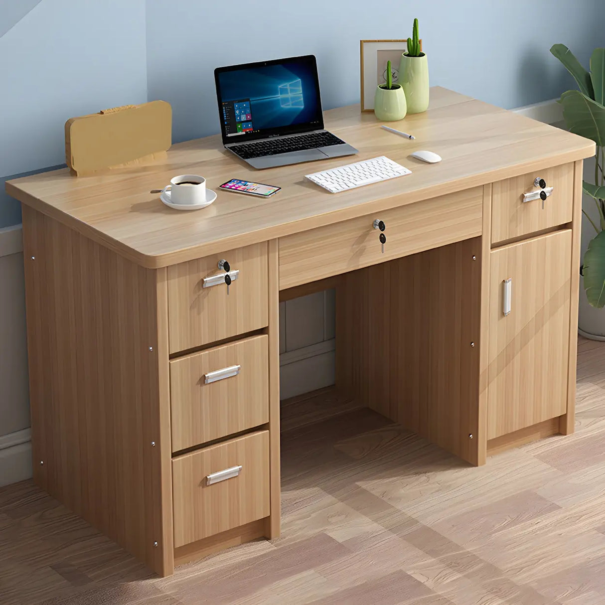 Wood Writing Desk with Locking Drawer and Cabinet Image - 24