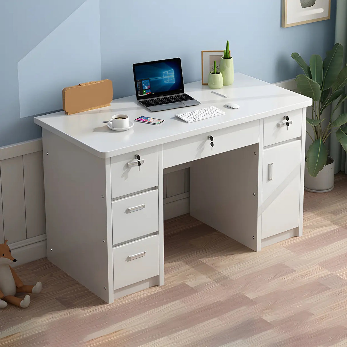 Wood Writing Desk with Locking Drawer and Cabinet Image - 2
