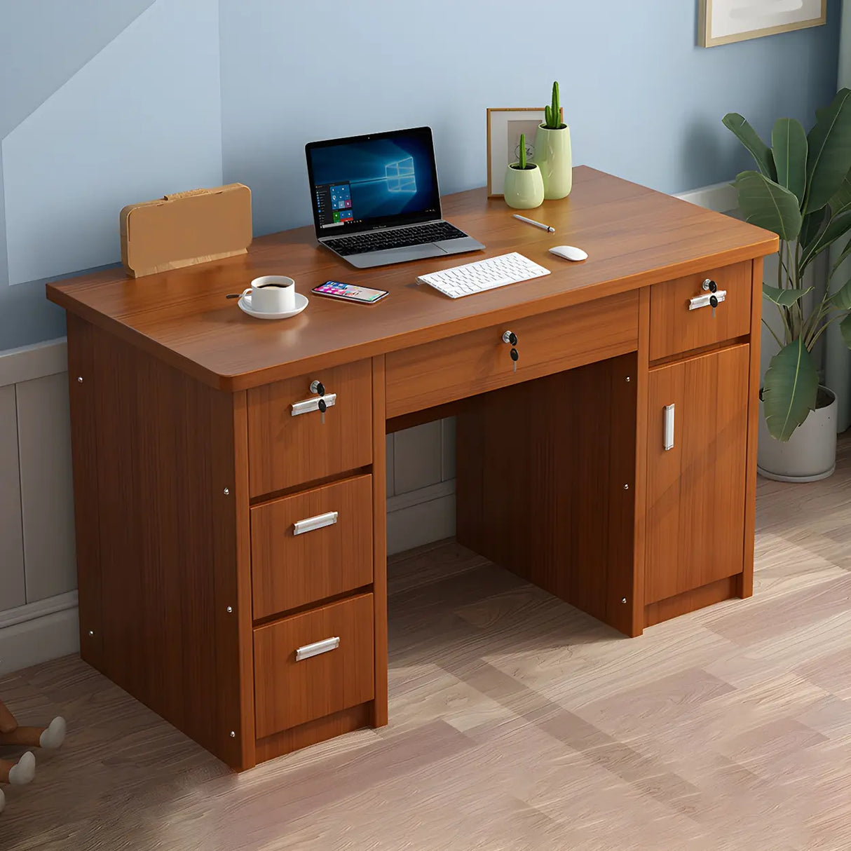 Wood Writing Desk with Locking Drawer and Cabinet Image - 3