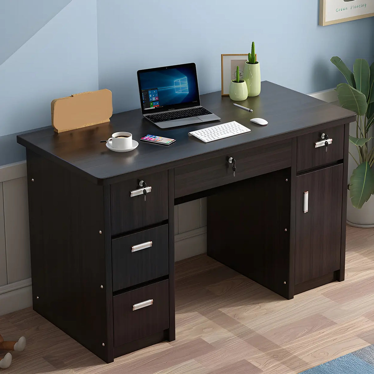 Wood Writing Desk with Locking Drawer and Cabinet Image - 4