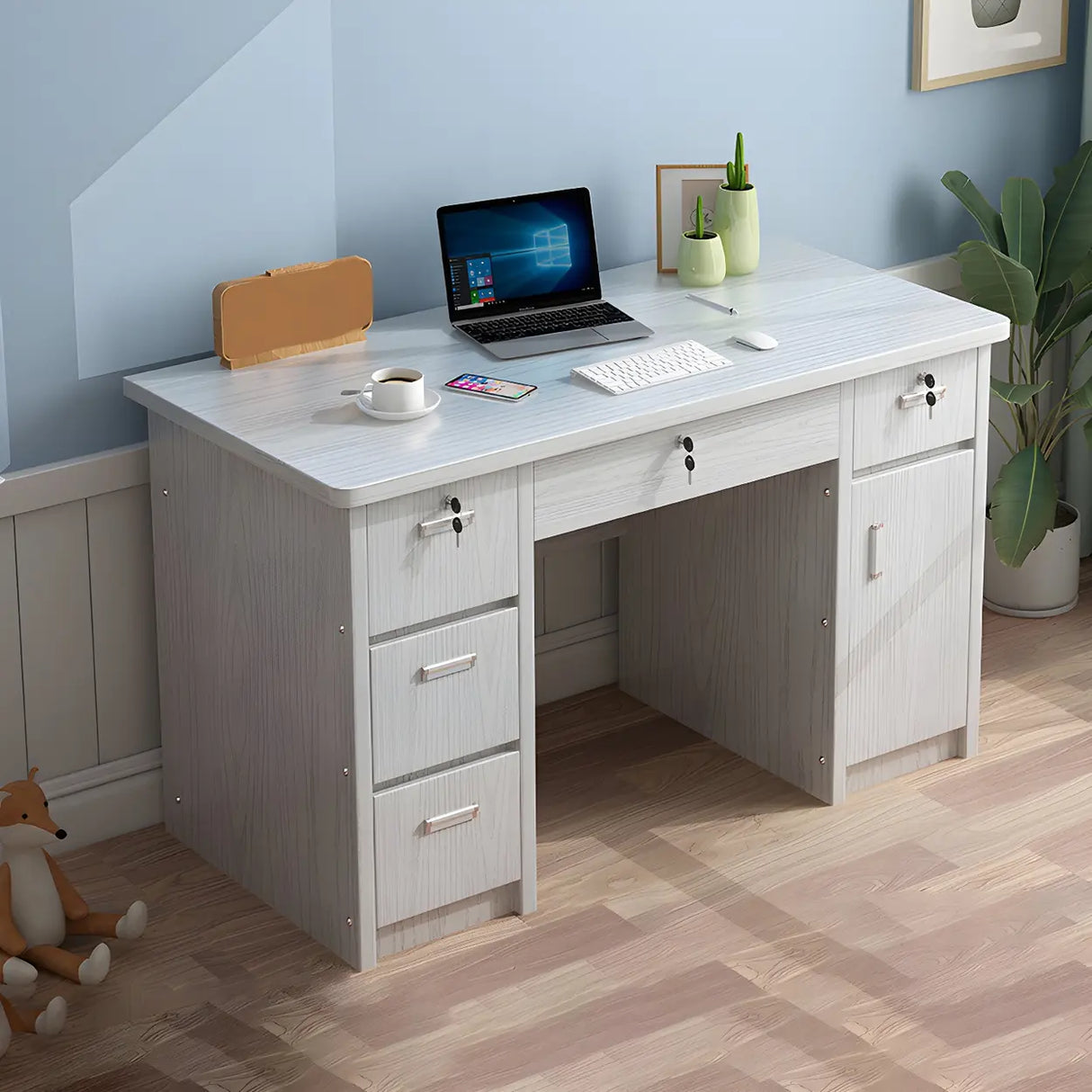 Wood Writing Desk with Locking Drawer and Cabinet Image - 5