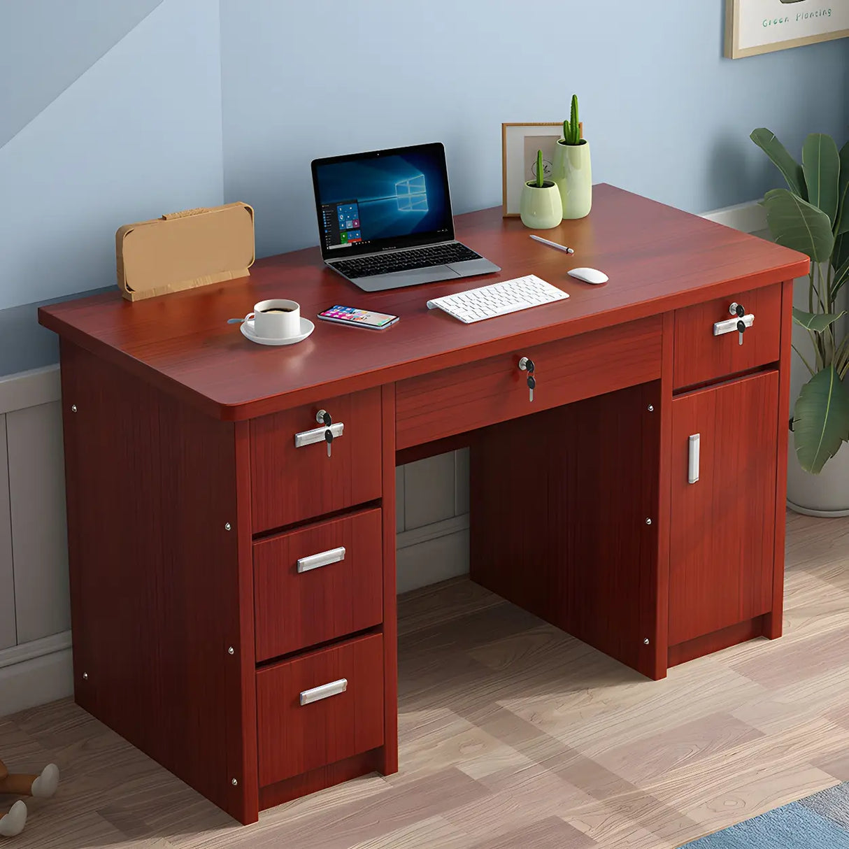 Wood Writing Desk with Locking Drawer and Cabinet Image - 6