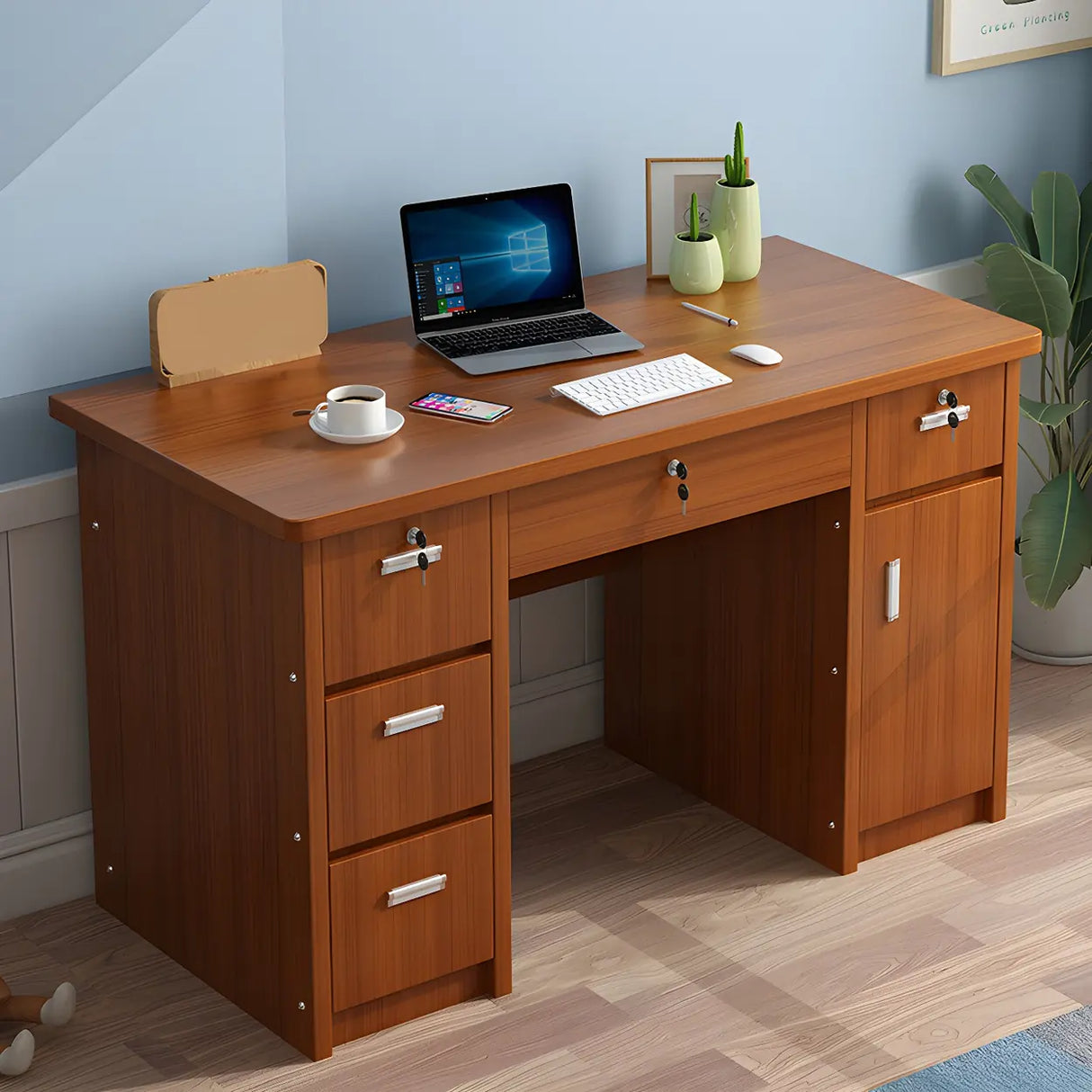 Wood Writing Desk with Locking Drawer and Cabinet Image - 7