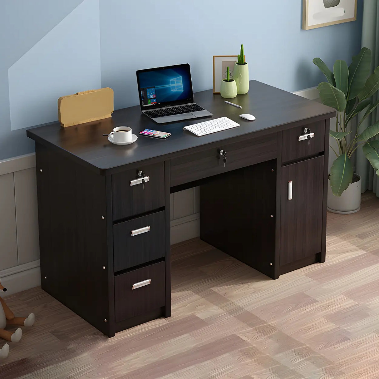 Wood Writing Desk with Locking Drawer and Cabinet Image - 8