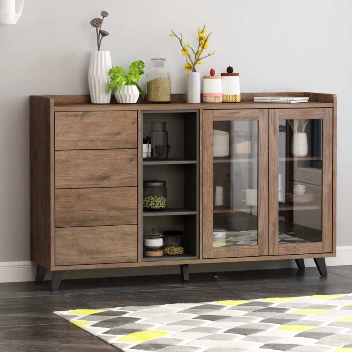 Wooden Brown Glass Doors Freestanding Floor Buffet Image - 1