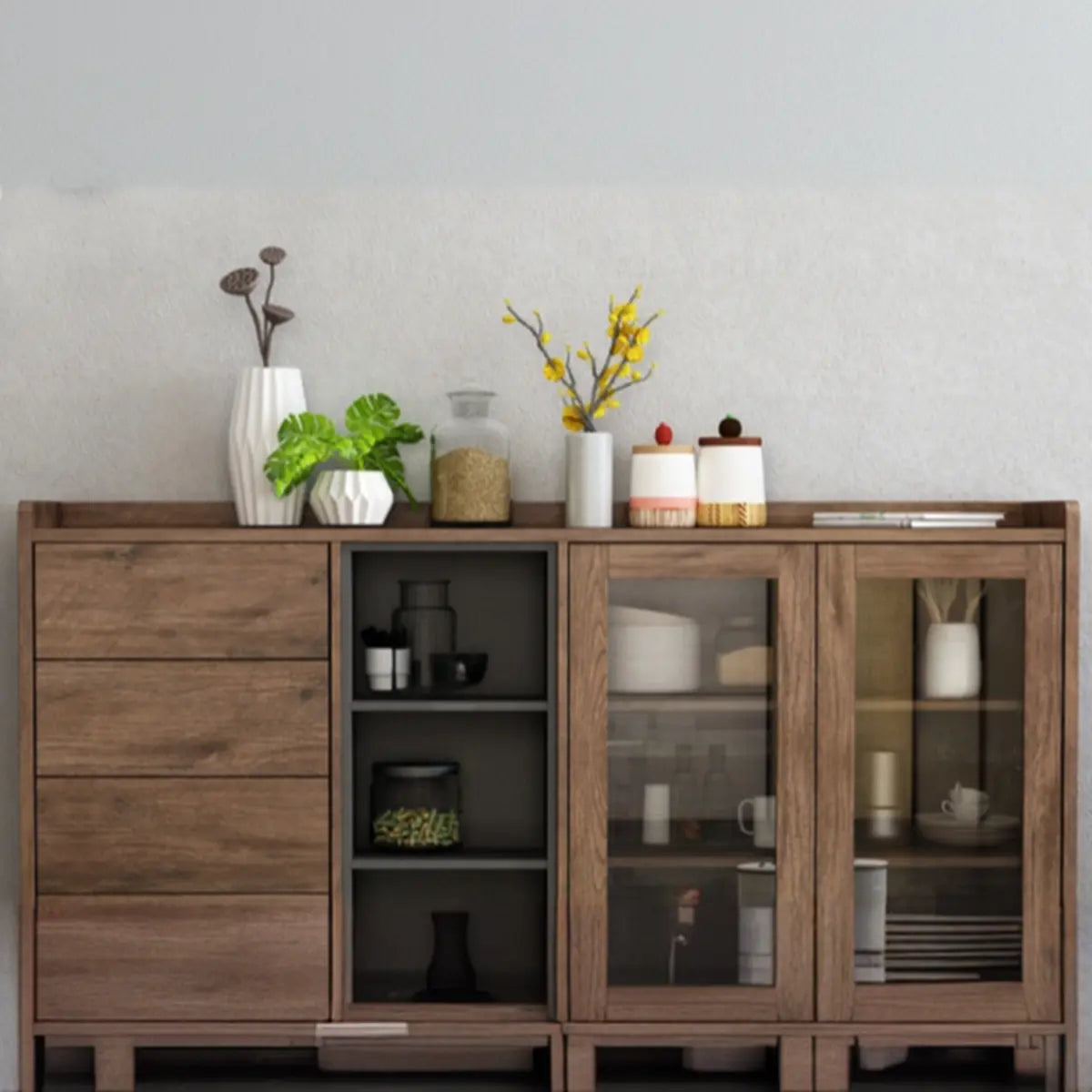 Wooden Brown Glass Doors Freestanding Floor Buffet Image - 10