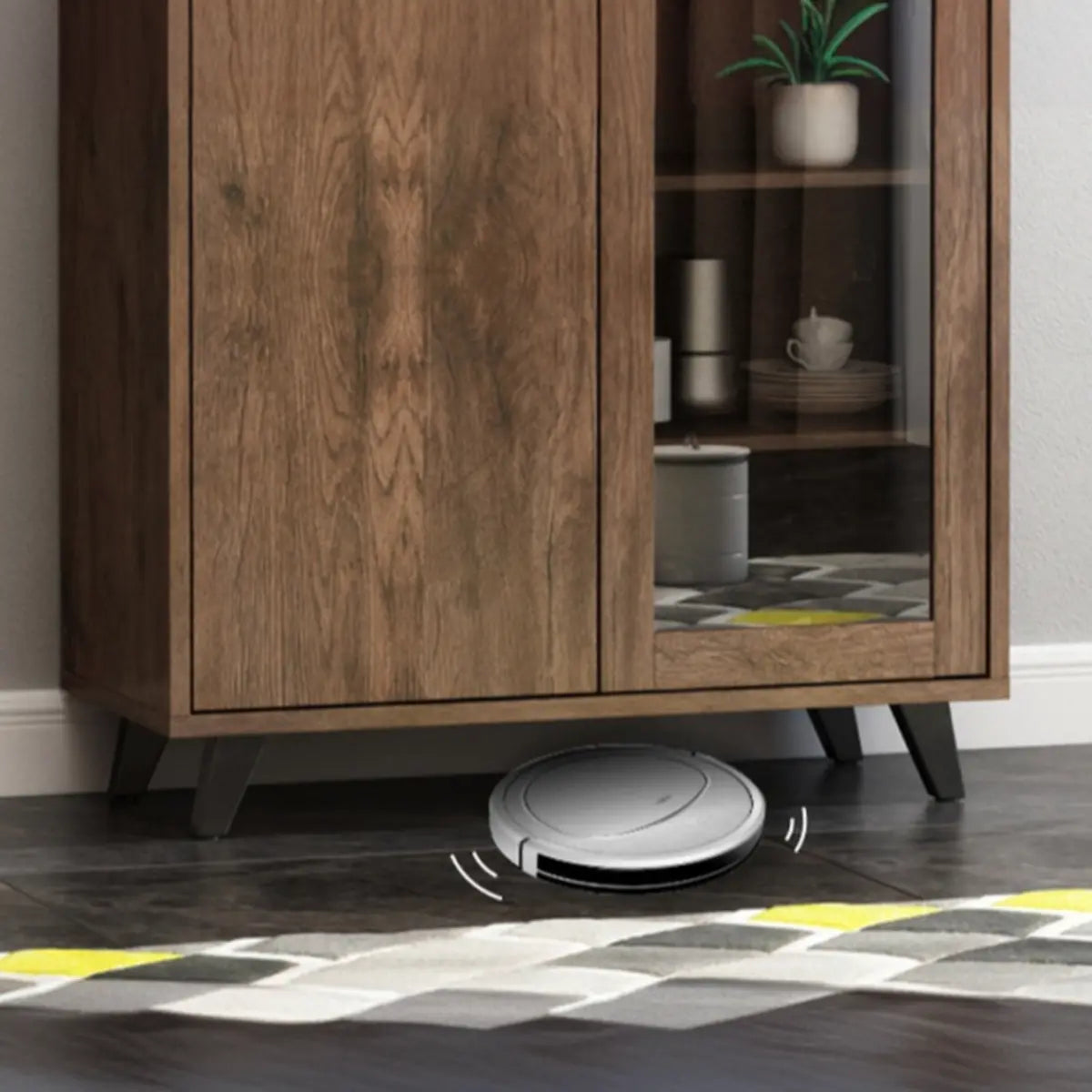 Wooden Brown Glass Doors Freestanding Floor Buffet Image - 11