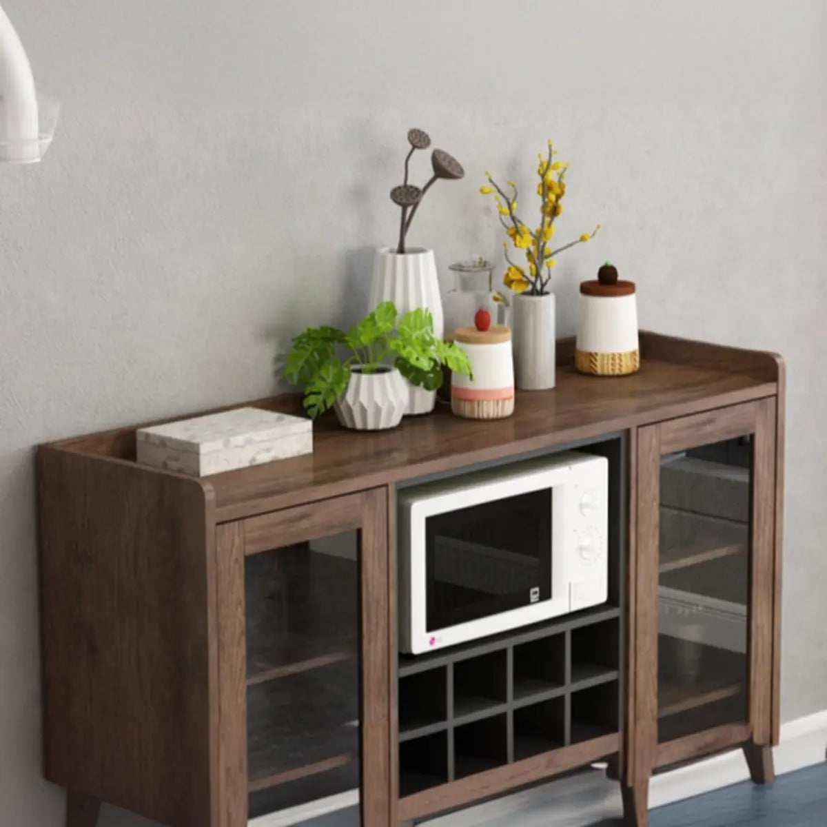 Wooden Brown Glass Doors Freestanding Floor Buffet Image - 12