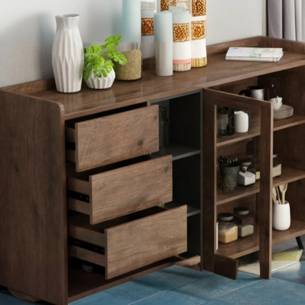 Wooden Brown Glass Doors Freestanding Floor Buffet Image - 13