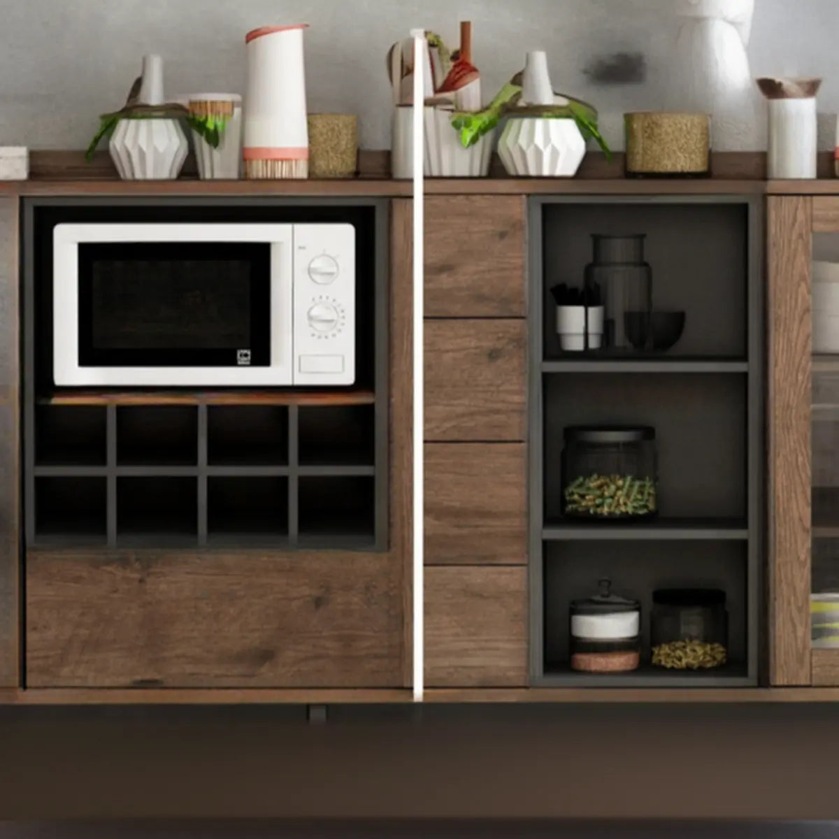 Wooden Brown Glass Doors Freestanding Floor Buffet Image - 15