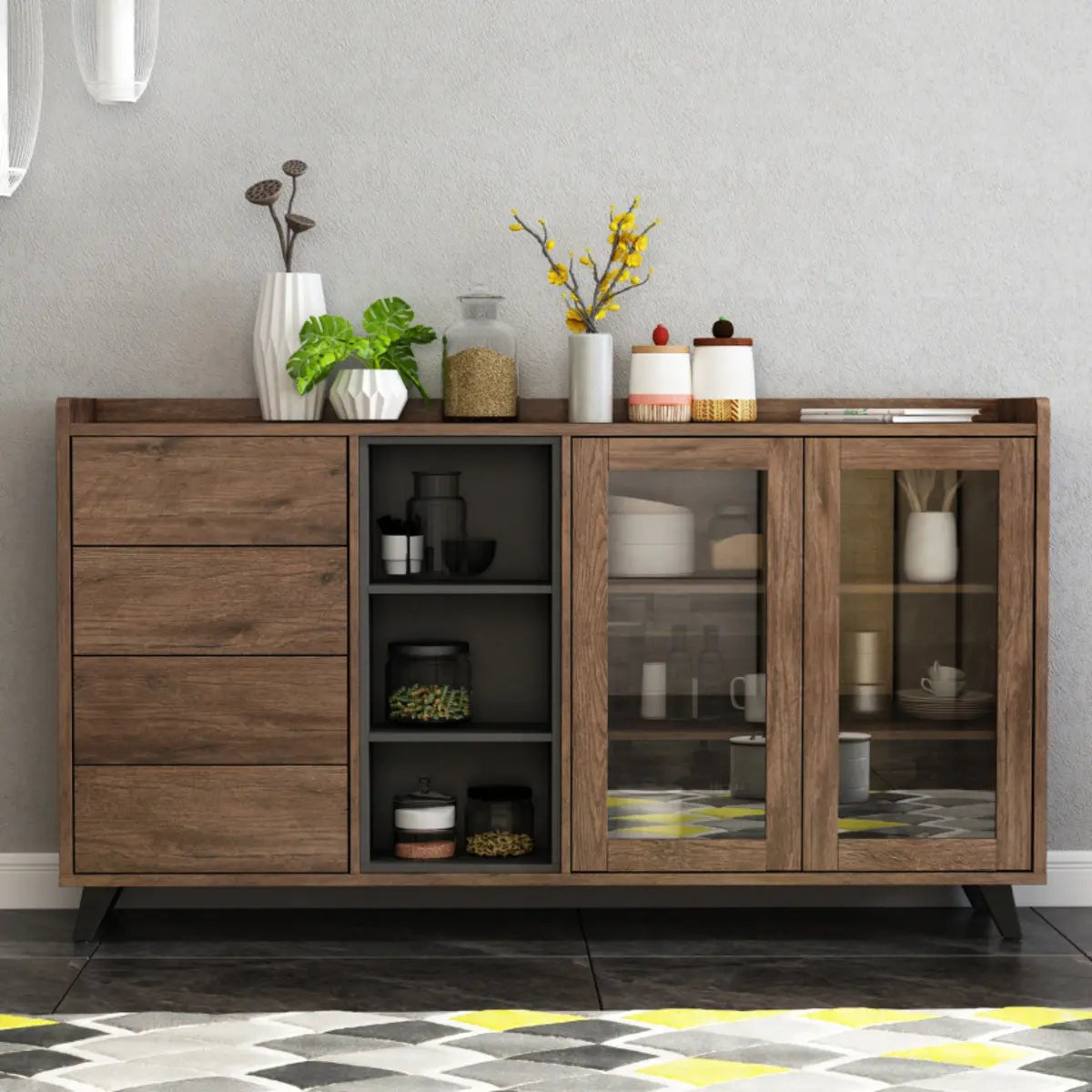 Wooden Brown Glass Doors Freestanding Floor Buffet Image - 2