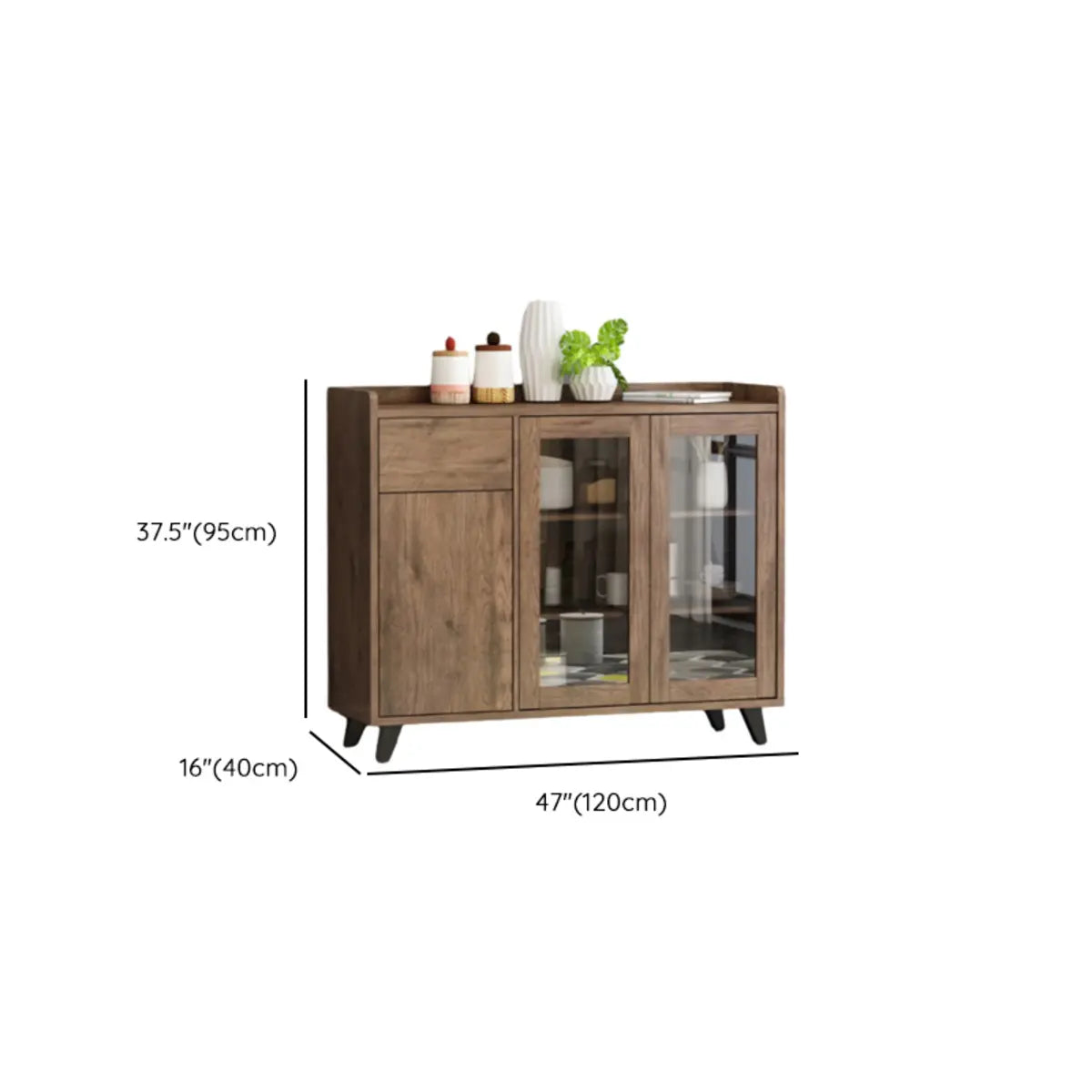 Wooden Brown Glass Doors Freestanding Floor Buffet Image - 20