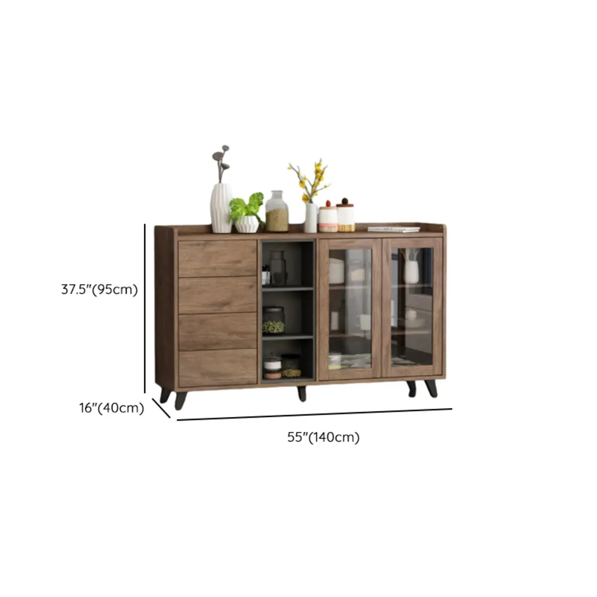 Wooden Brown Glass Doors Freestanding Floor Buffet Image - 21