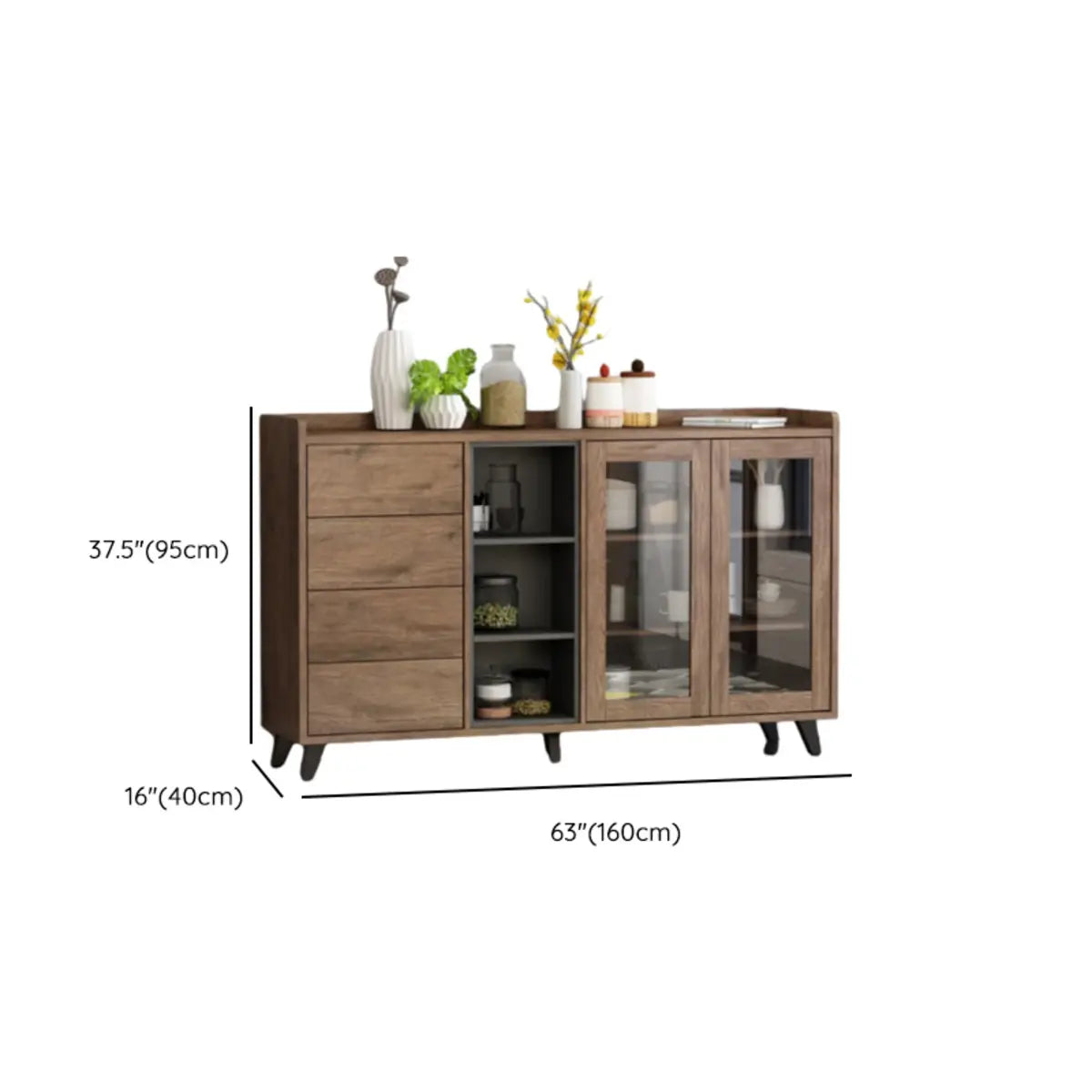Wooden Brown Glass Doors Freestanding Floor Buffet Image - 22