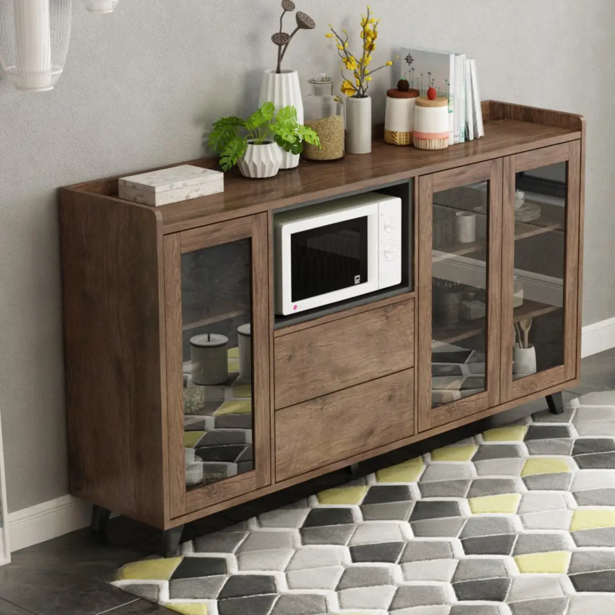 Wooden Brown Glass Doors Freestanding Floor Buffet Image - 3