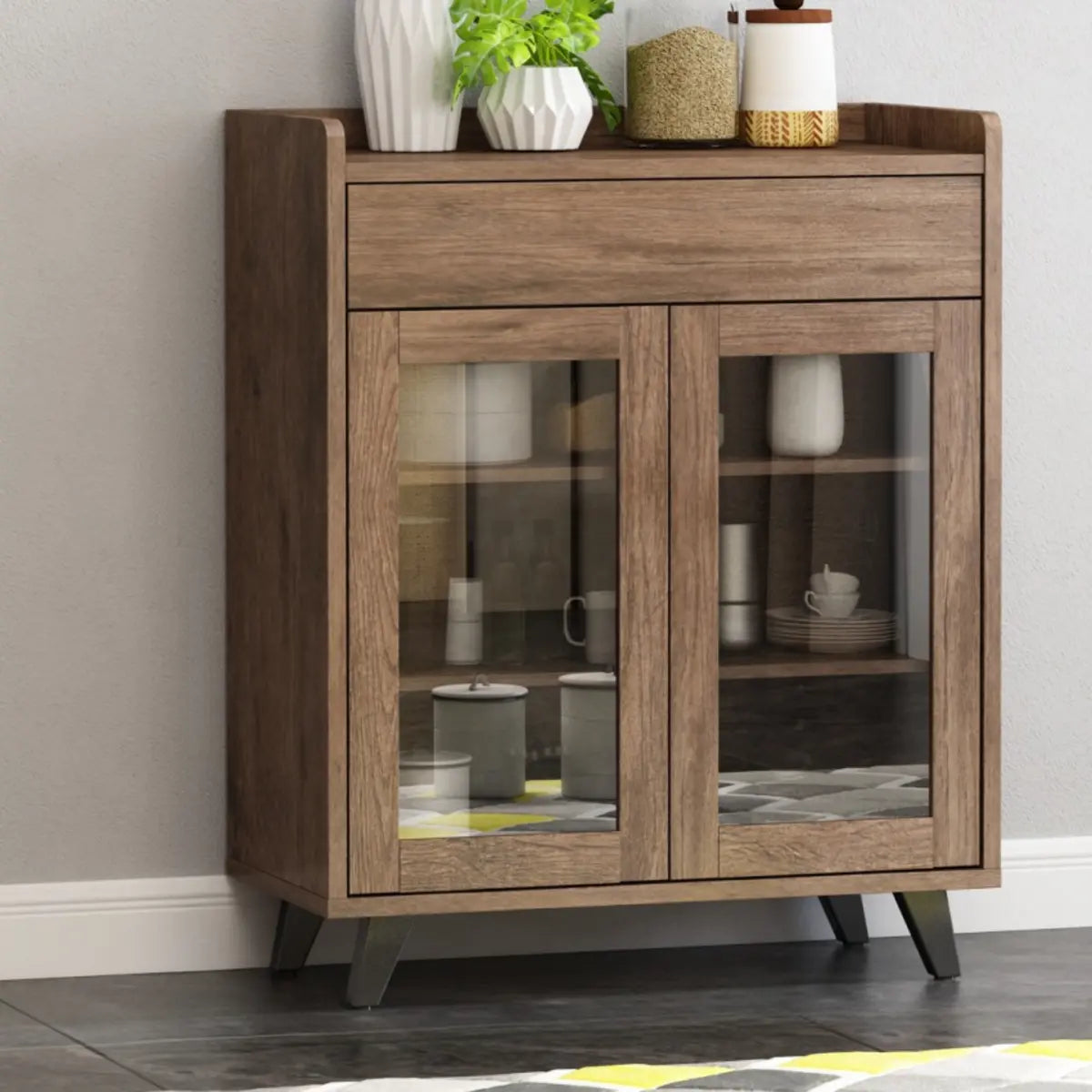 Wooden Brown Glass Doors Freestanding Floor Buffet Image - 5