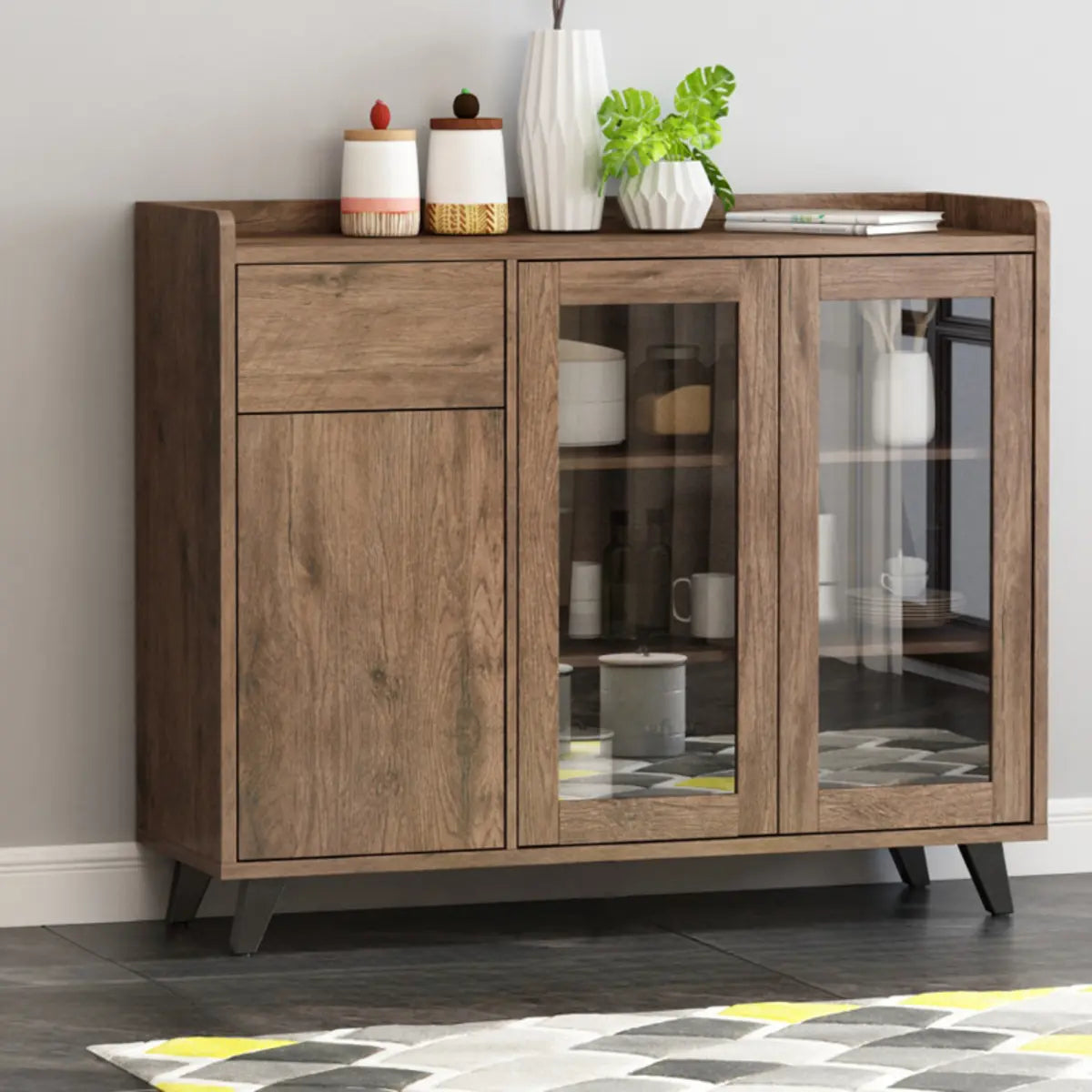 Wooden Brown Glass Doors Freestanding Floor Buffet Image - 7