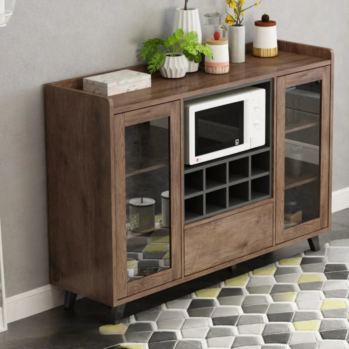 Wooden Brown Glass Doors Freestanding Floor Buffet Image - 8