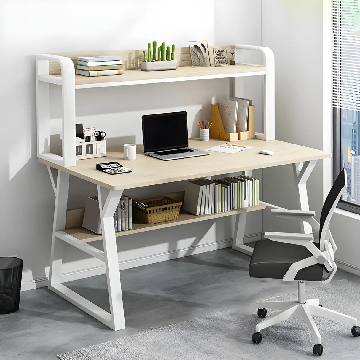 Wooden Credenza Desk with Hutch and Exterior Shelf Image - 11