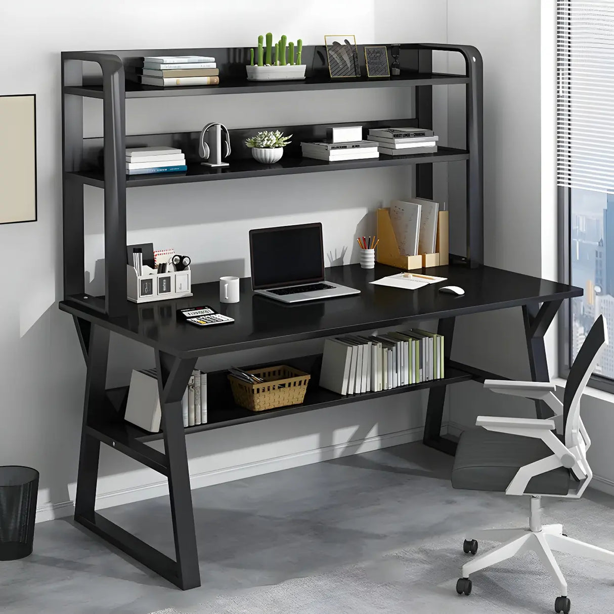 Wooden Credenza Desk with Hutch and Exterior Shelf Image - 16