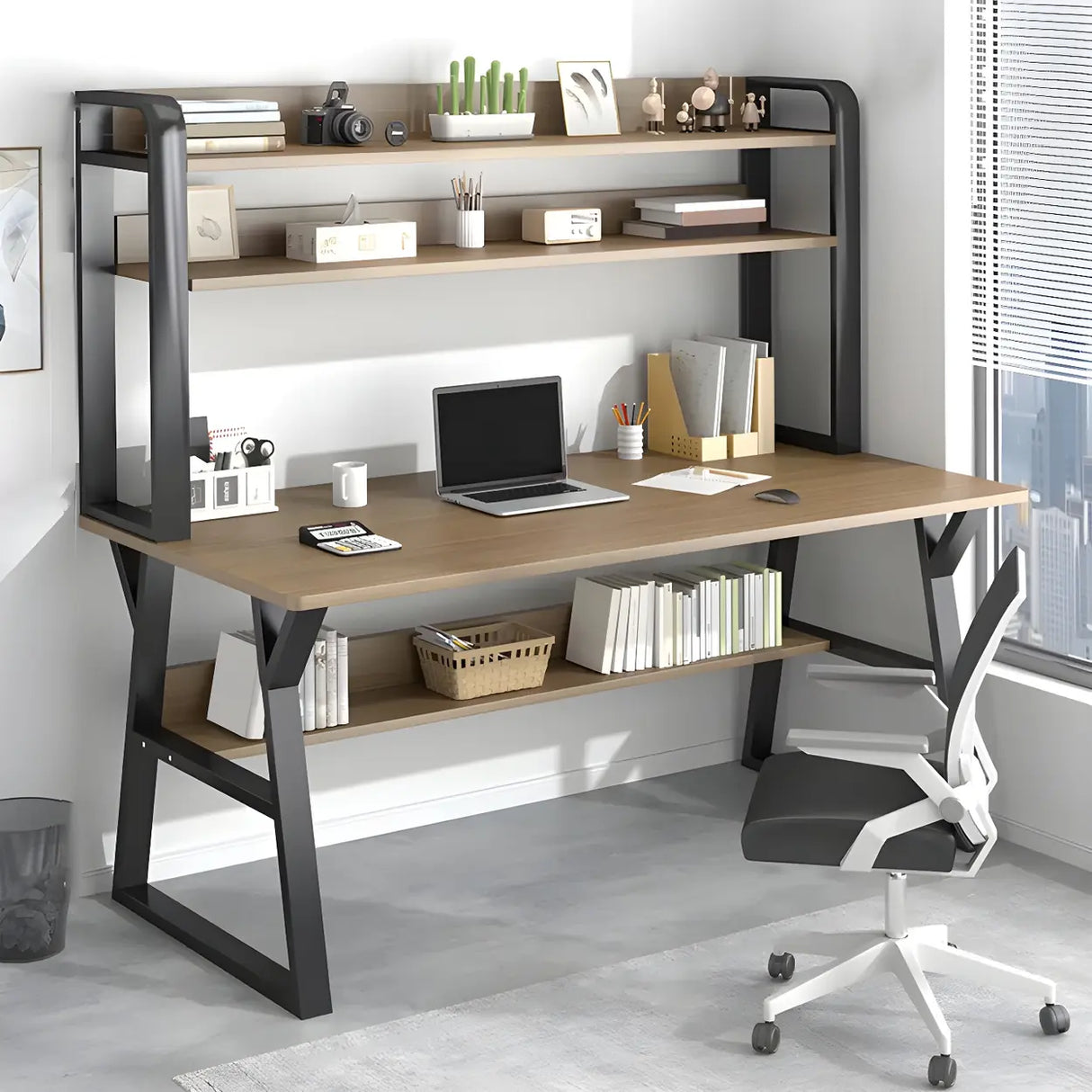 Wooden Credenza Desk with Hutch and Exterior Shelf Image - 22