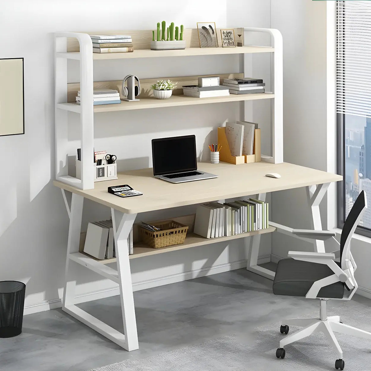 Wooden Credenza Desk with Hutch and Exterior Shelf Image - 3