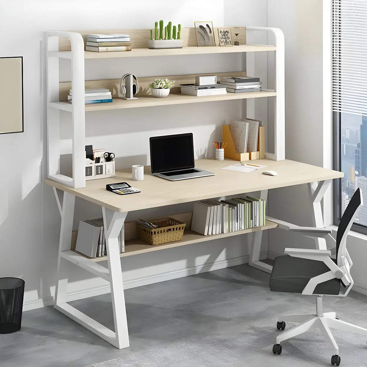Wooden Credenza Desk with Hutch and Exterior Shelf Image - 4