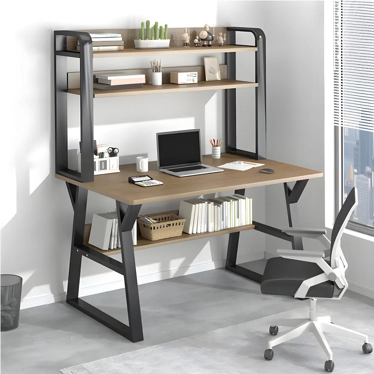 Wooden Credenza Desk with Hutch and Exterior Shelf Image - 5