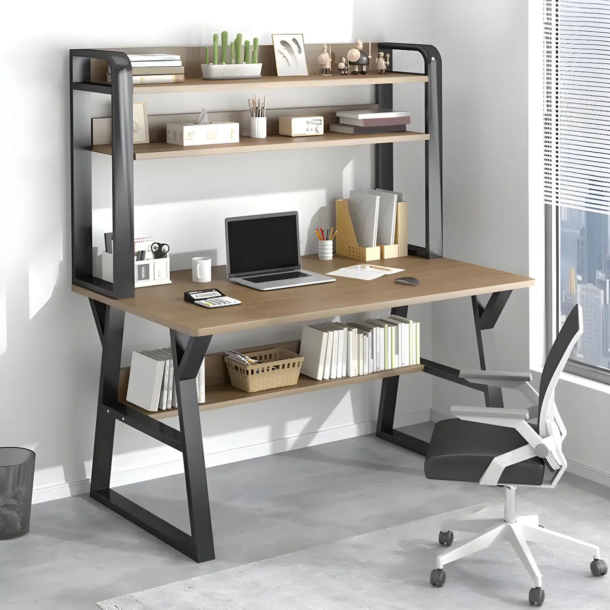 Wooden Credenza Desk with Hutch and Exterior Shelf Image - 6