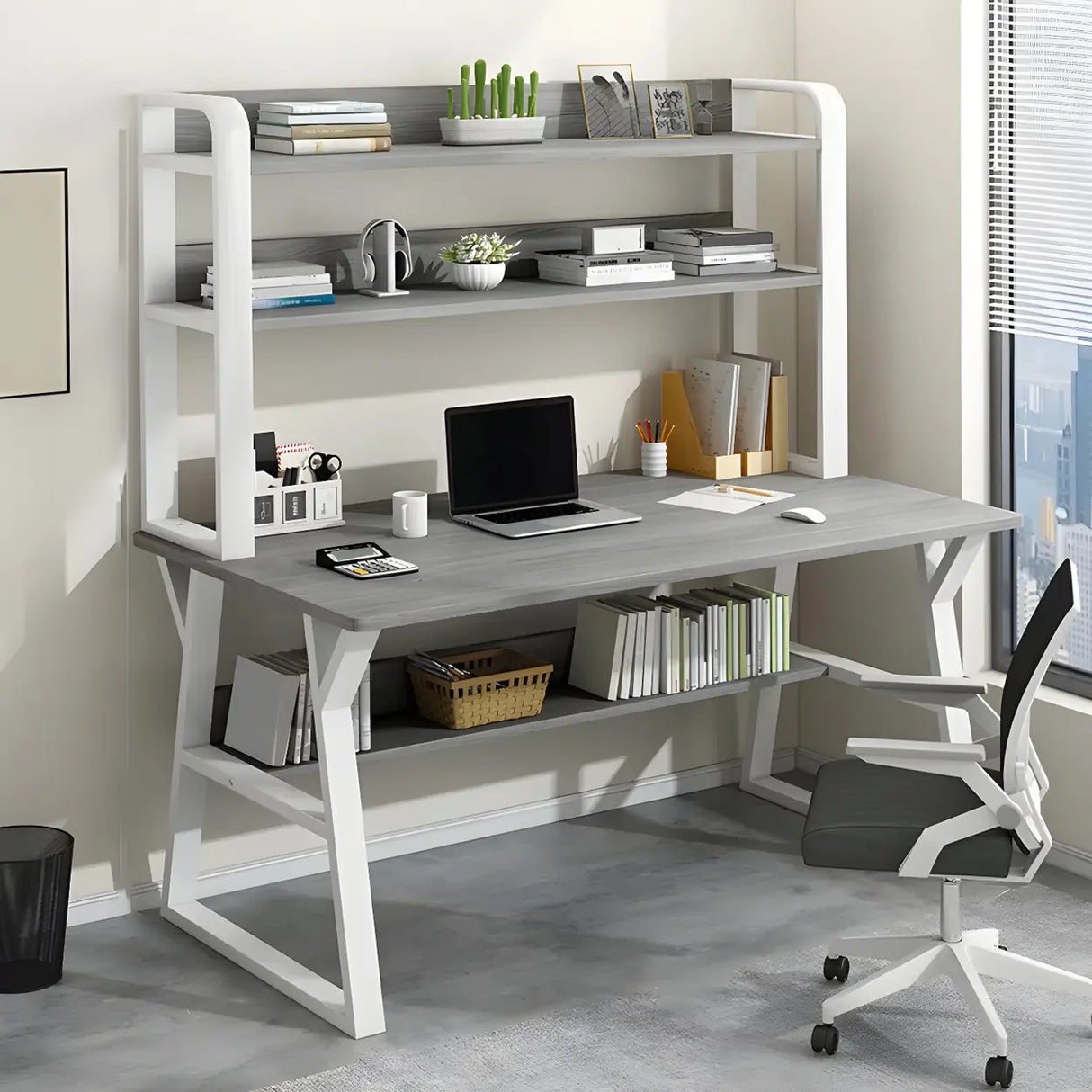 Wooden Credenza Desk with Hutch and Exterior Shelf Image - 8