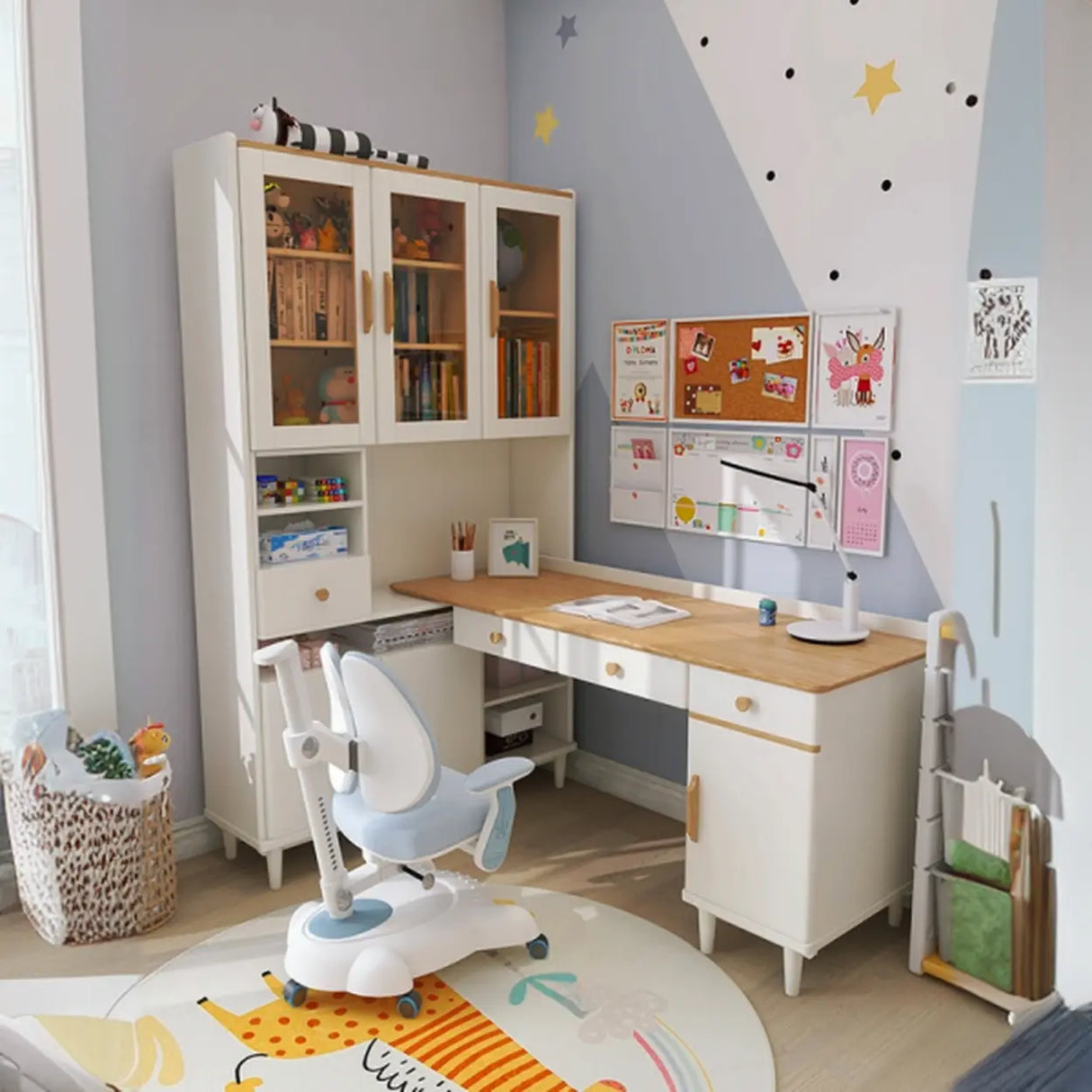 Wooden Drawers Storage Kids Corner Desk with Hutch Image - 1