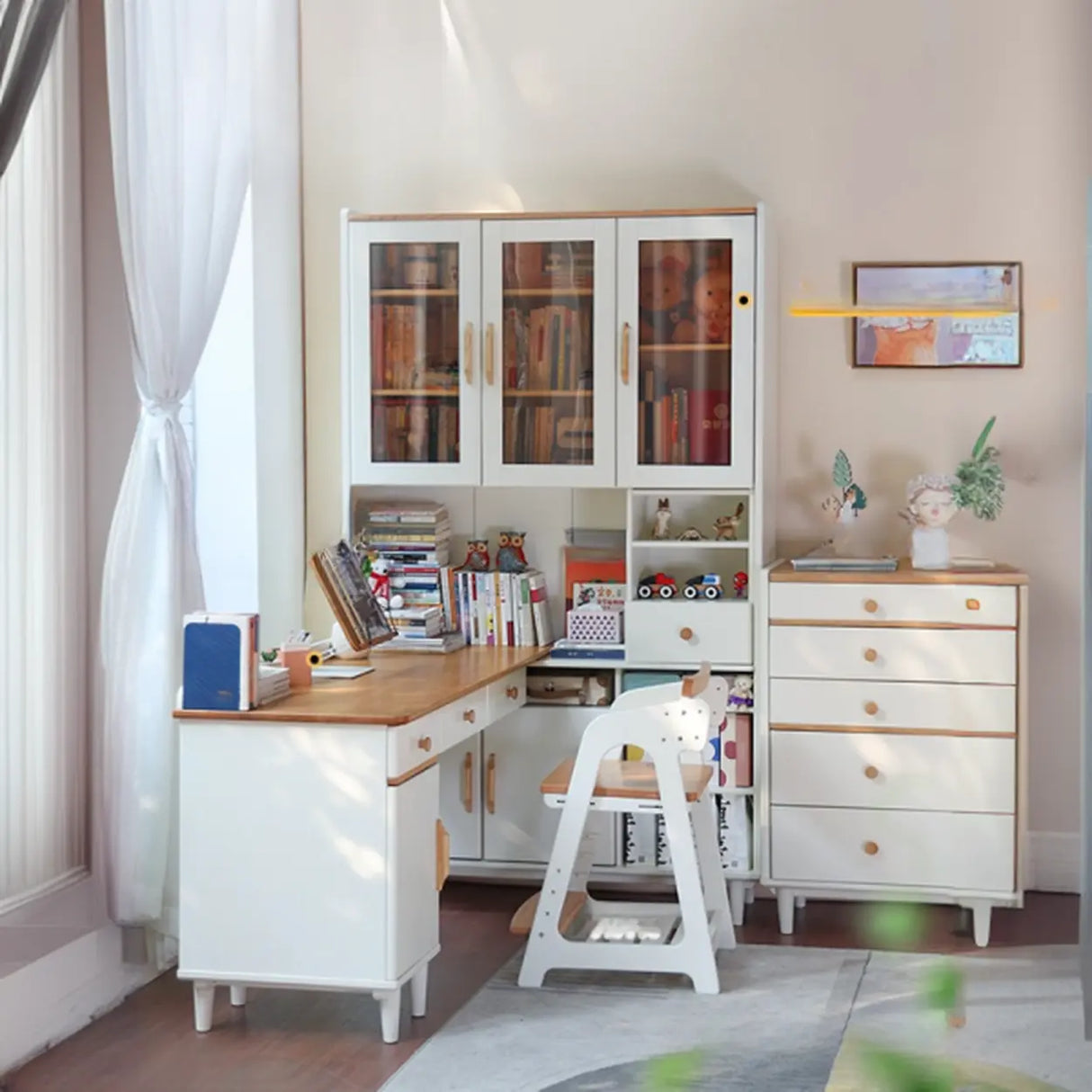 Wooden Drawers Storage Kids Corner Desk with Hutch Image - 3