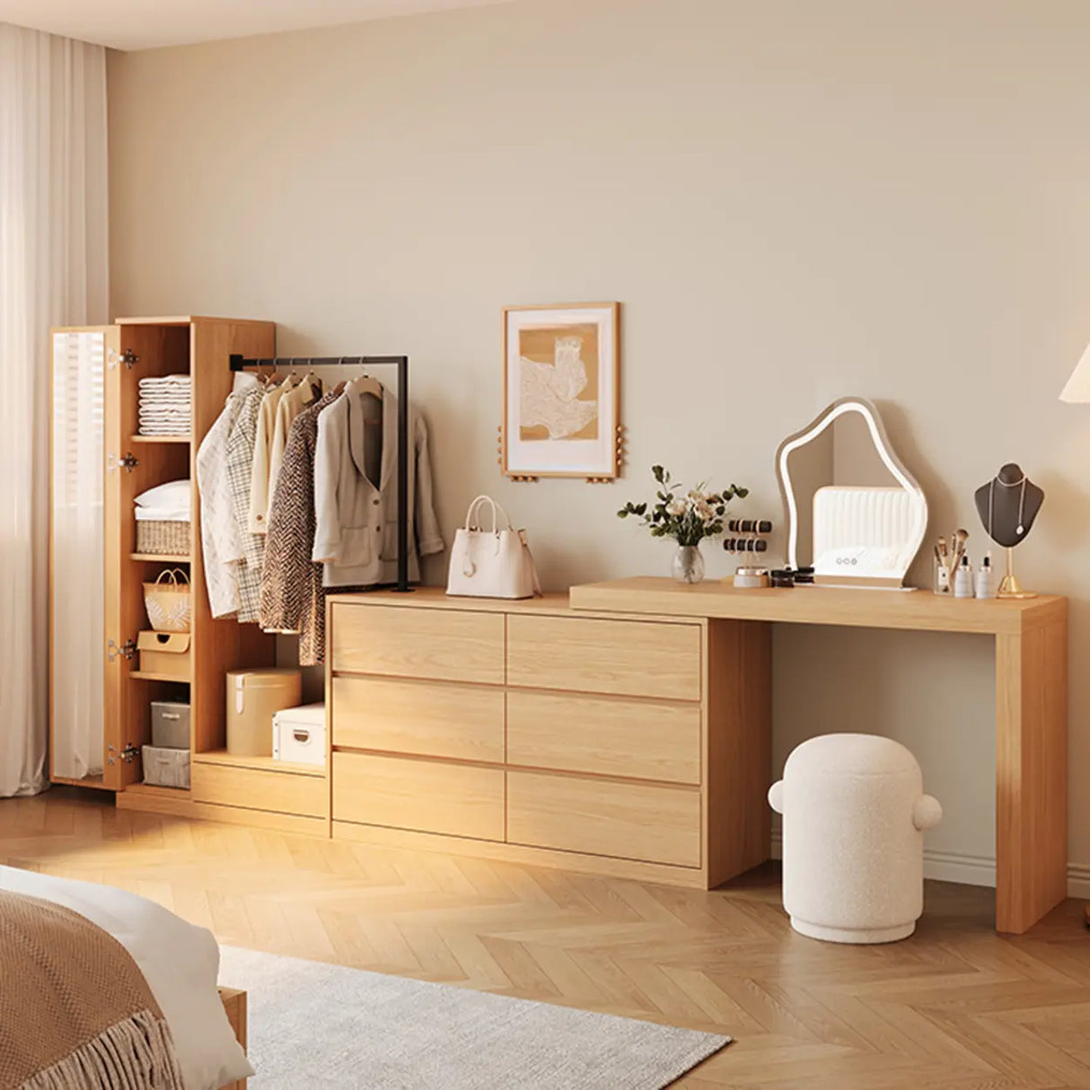 Wooden Freestanding Coat Rack with Mirror and Drawers Image - 4