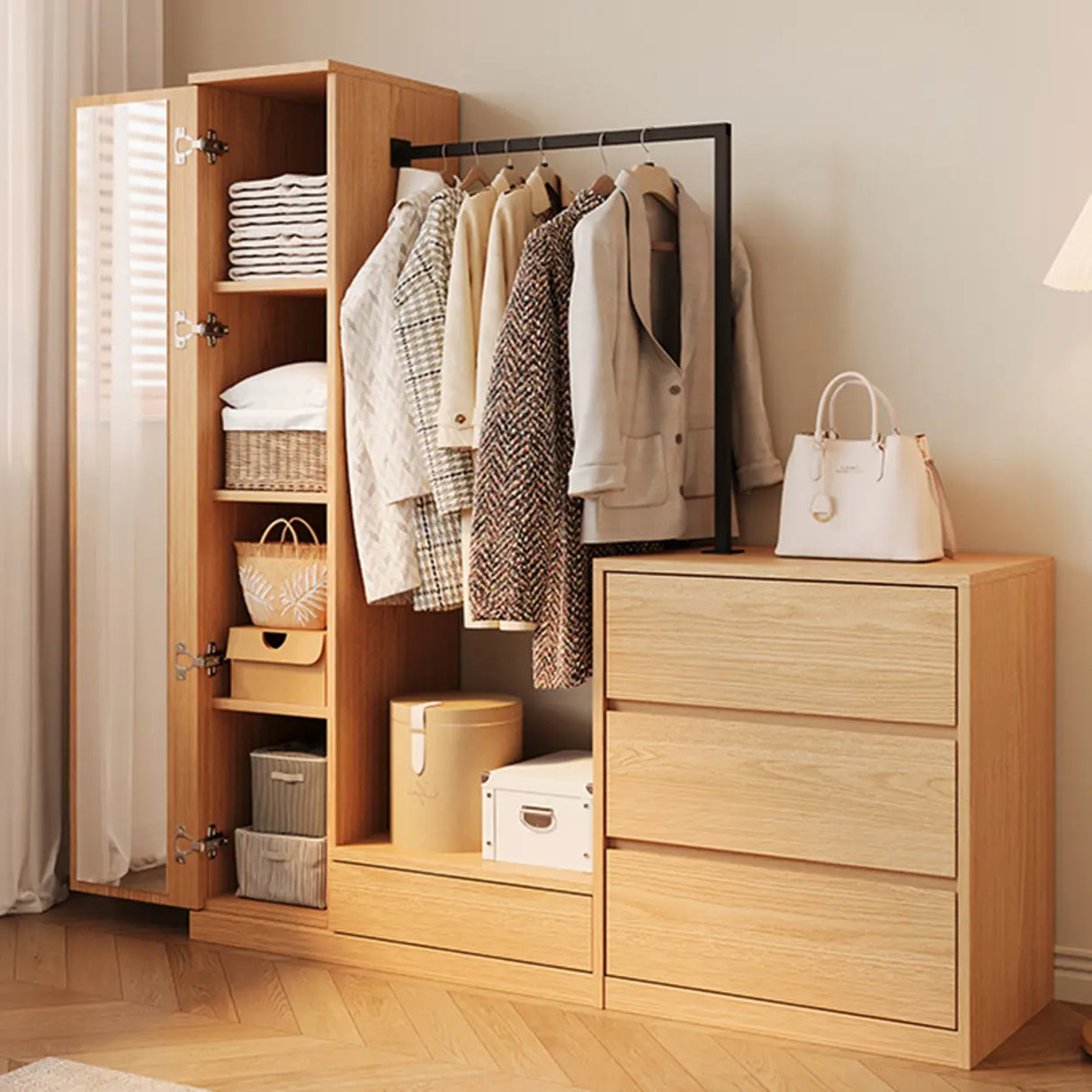 Wooden Freestanding Coat Rack with Mirror and Drawers Image - 6