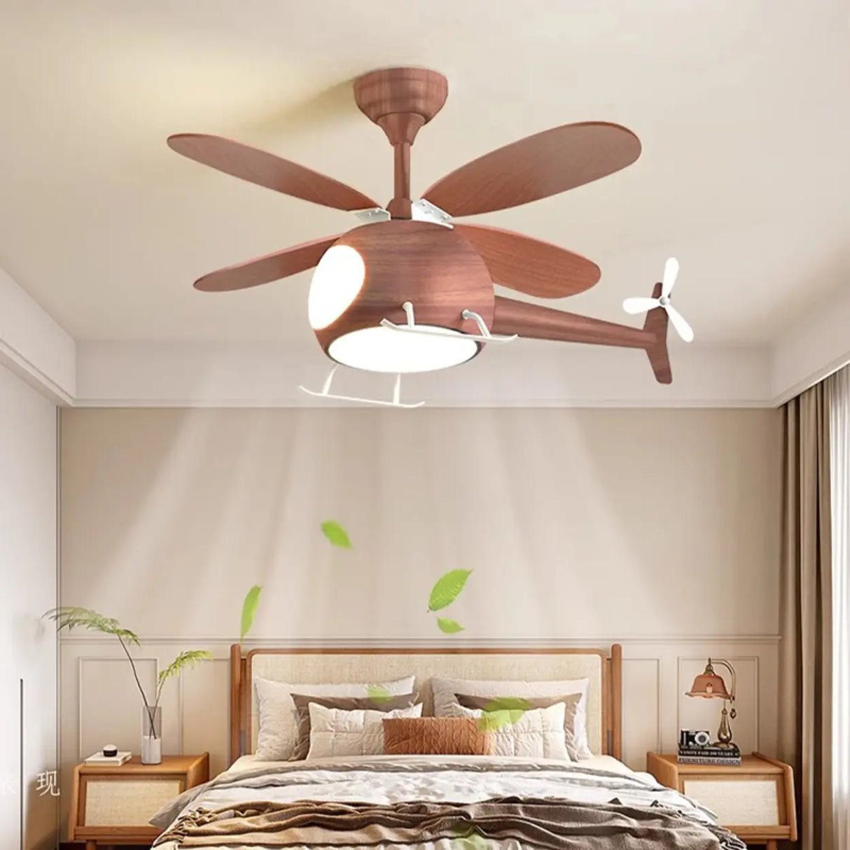 Wooden Helicopter Kids Ceiling Fan Light with Eye-Care Image - 1