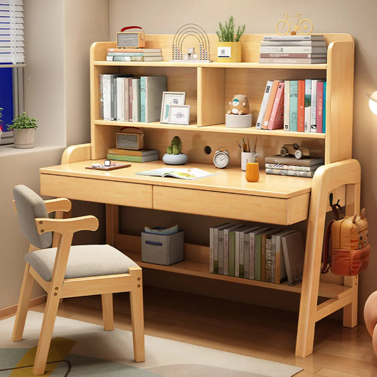 Wooden Kids Study Desk with Hutch and Storage Shelves Image - 1