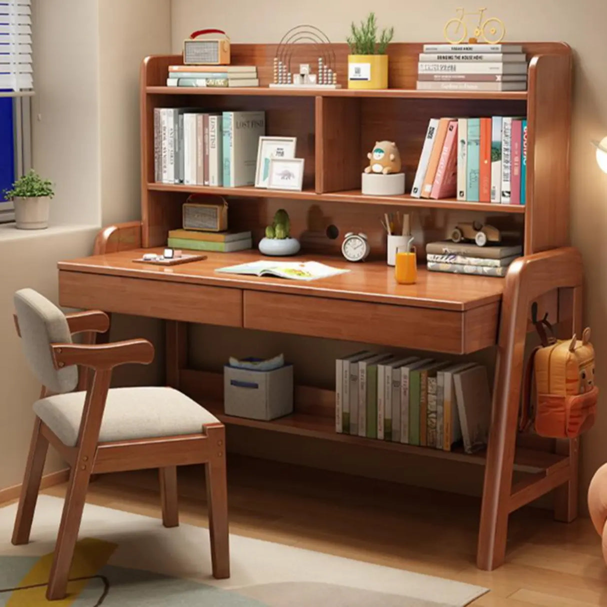 Wooden Kids Study Desk with Hutch and Storage Shelves Image - 4