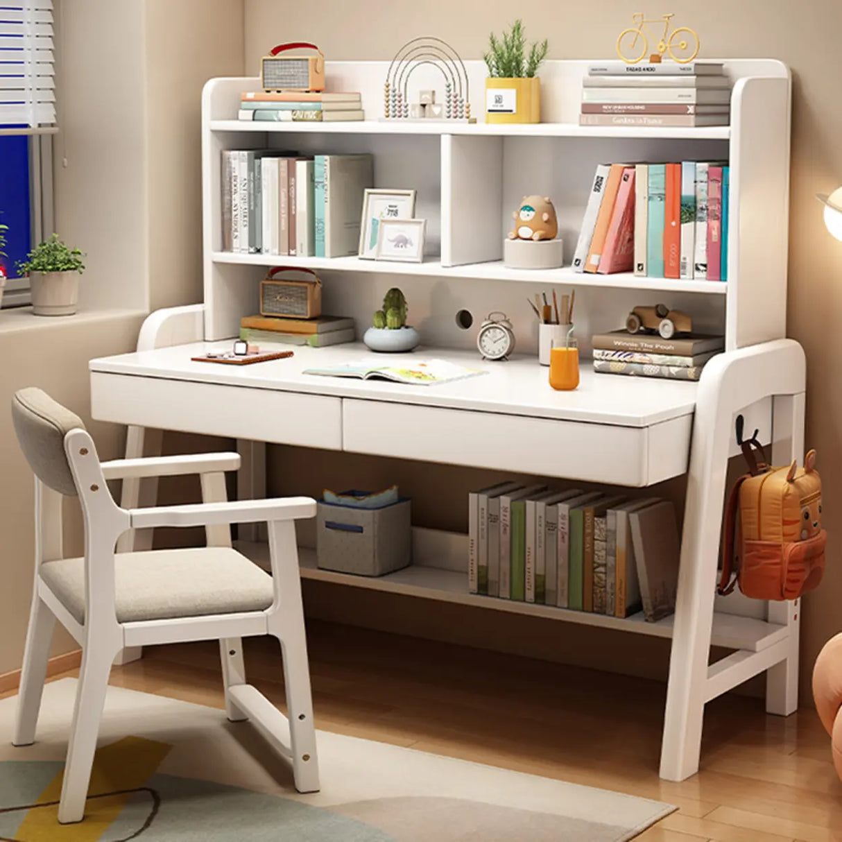 Wooden Kids Study Desk with Hutch and Storage Shelves Image - 5