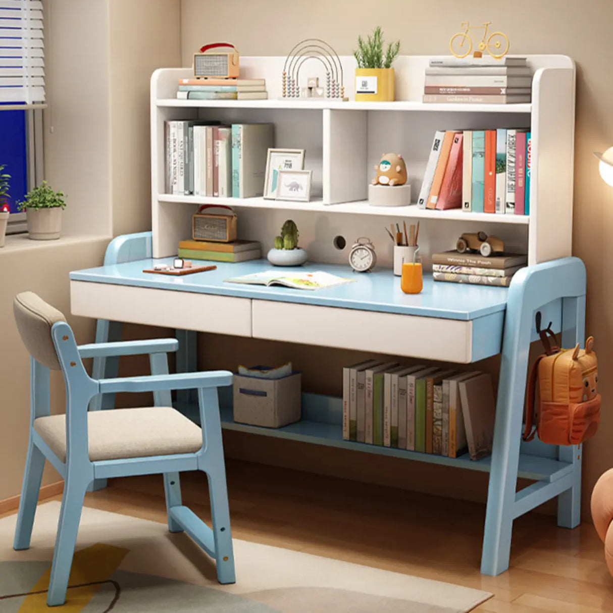Wooden Kids Study Desk with Hutch and Storage Shelves Image - 6