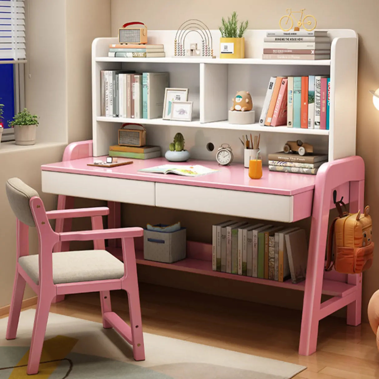 Wooden Kids Study Desk with Hutch and Storage Shelves Image - 7
