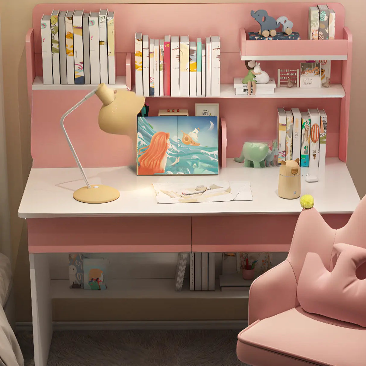 Wooden Kids Writing Desk with Shelves and Hutch Image - 10