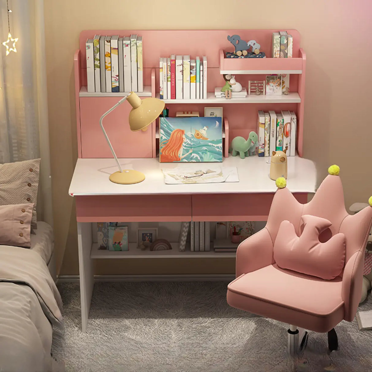 Wooden Kids Writing Desk with Shelves and Hutch Image - 2