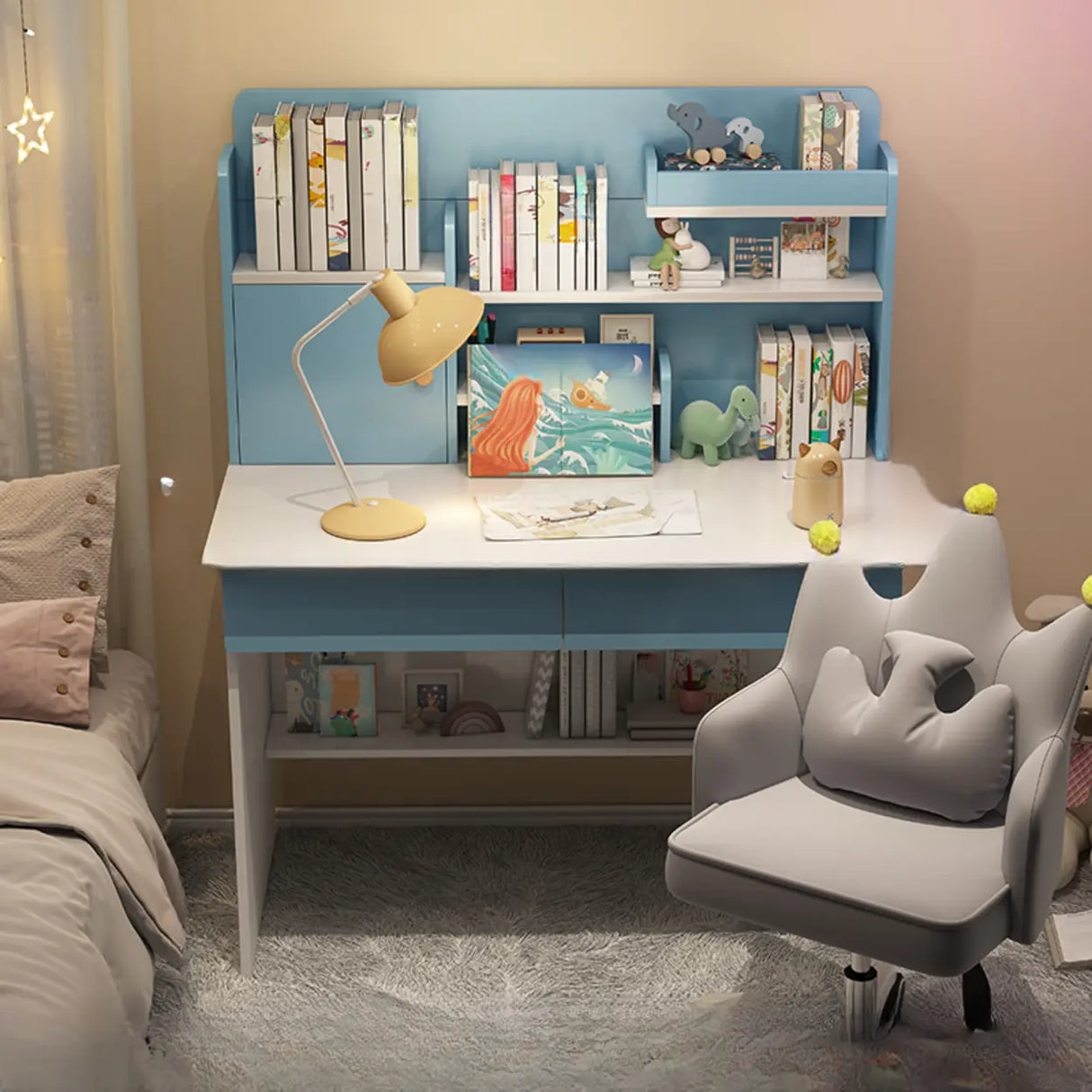 Wooden Kids Writing Desk with Shelves and Hutch Image - 3